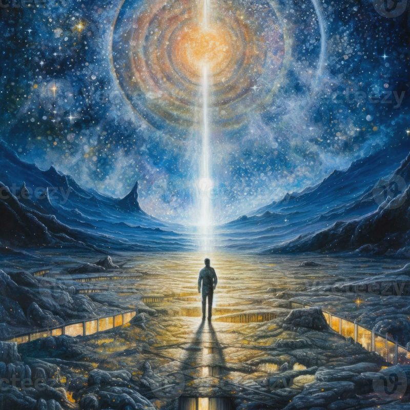 26536892-silhouette-di-uomo-con-paradiso-astratto-sfondo-e-dio-illuminazione-meditazione-spirituale-e-dio-concetto-generativo-ai-foto